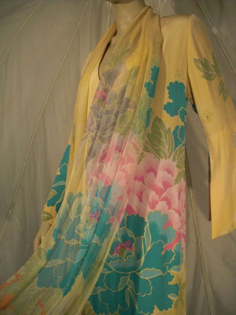 Hanae Mori 70s Couture Kimono Print Gown with Full Length Foulard 1