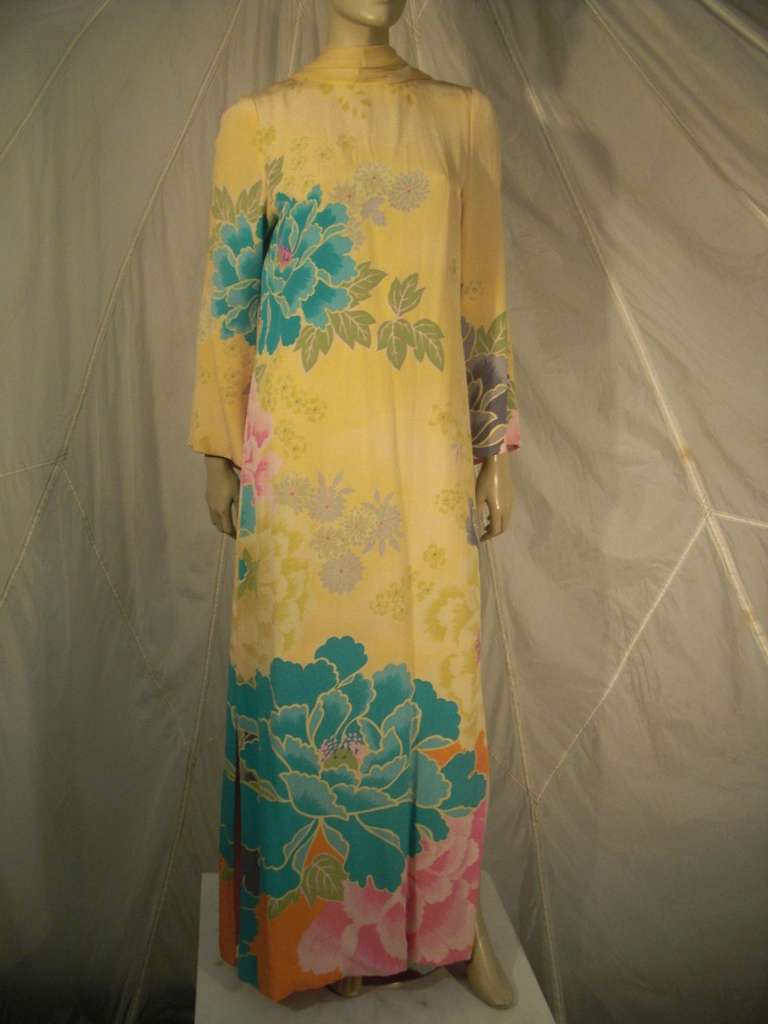 Hanae Mori 70s Couture Kimono Print Gown with Full Length Foulard at ...