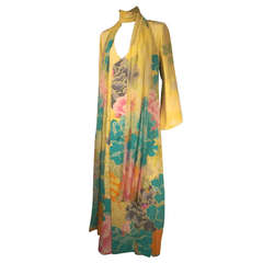 Hanae Mori 70s Couture Kimono Print Gown with Full Length Foulard