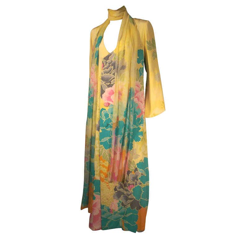 Hanae Mori 70s Couture Kimono Print Gown with Full Length Foulard at ...