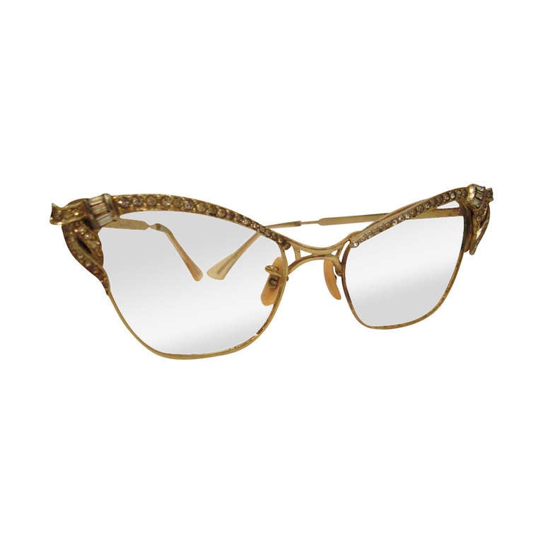 Spectacular 1950s 12K Gold Filled Rhinestone Cat Eye Frames