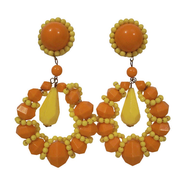 1960s Large Beaded Hoop Earrings in Lemon Yellow and Orange Acrylic
