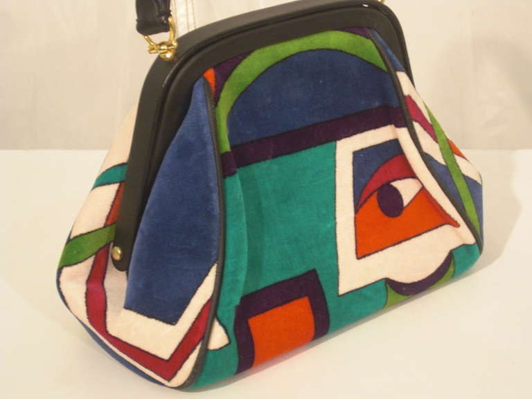 1960s Emilio Pucci Framed Velveteen Purse in Bold Pattern In New Condition In Gresham, OR