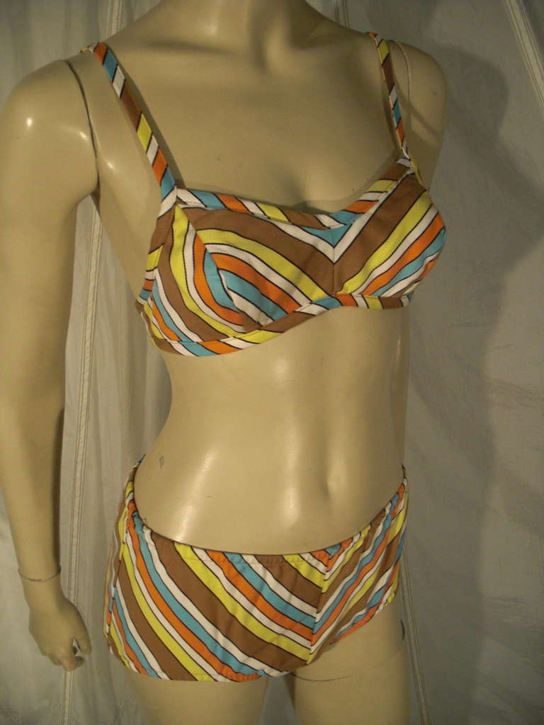 Brown 1960s Chevron Striped 2-Piece Cotton Bikini