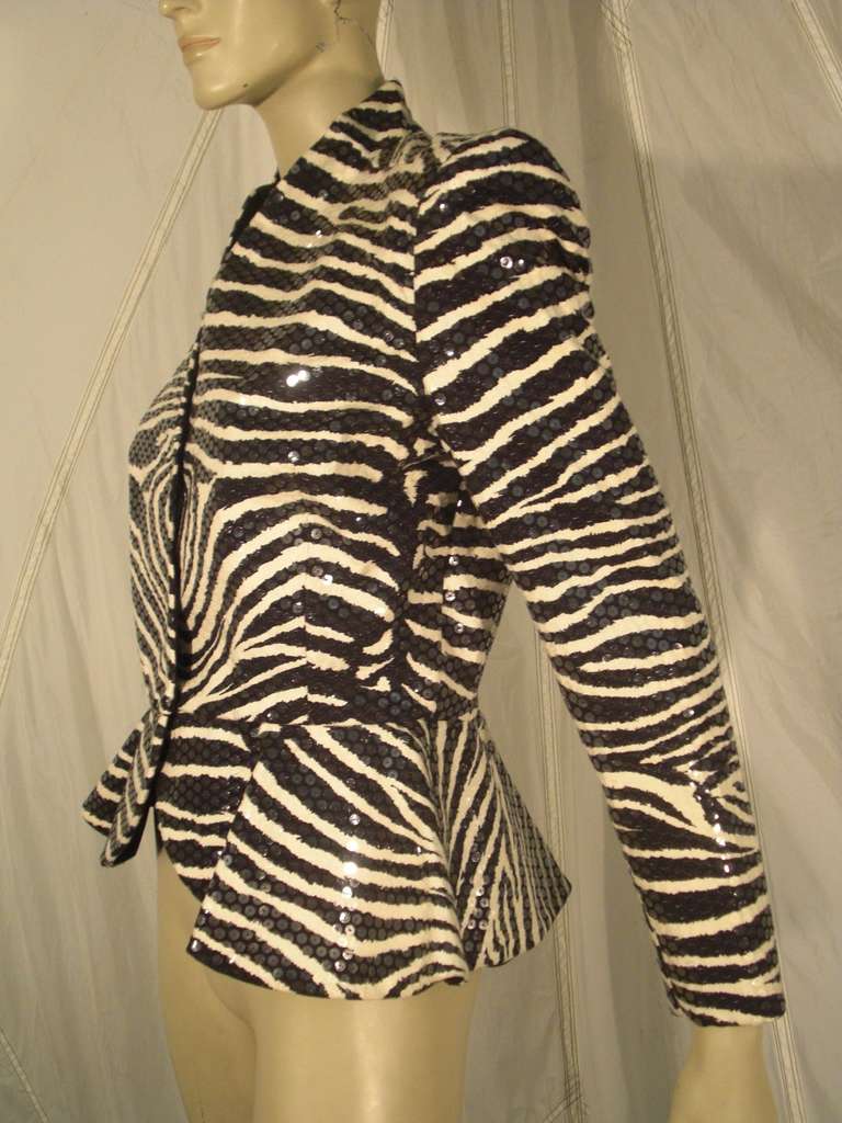 1980s Travilla Sequined Zebra Print Peplum Evening Jacket In Excellent Condition In Gresham, OR