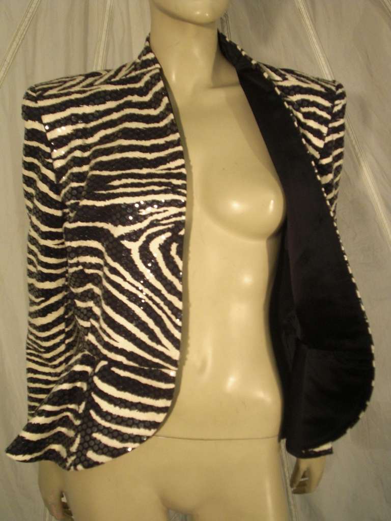 1980s Travilla Sequined Zebra Print Peplum Evening Jacket 1