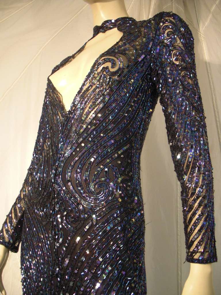 Black 1970s Bob Mackie Oil Slick Sequined and Beaded Gown on Net