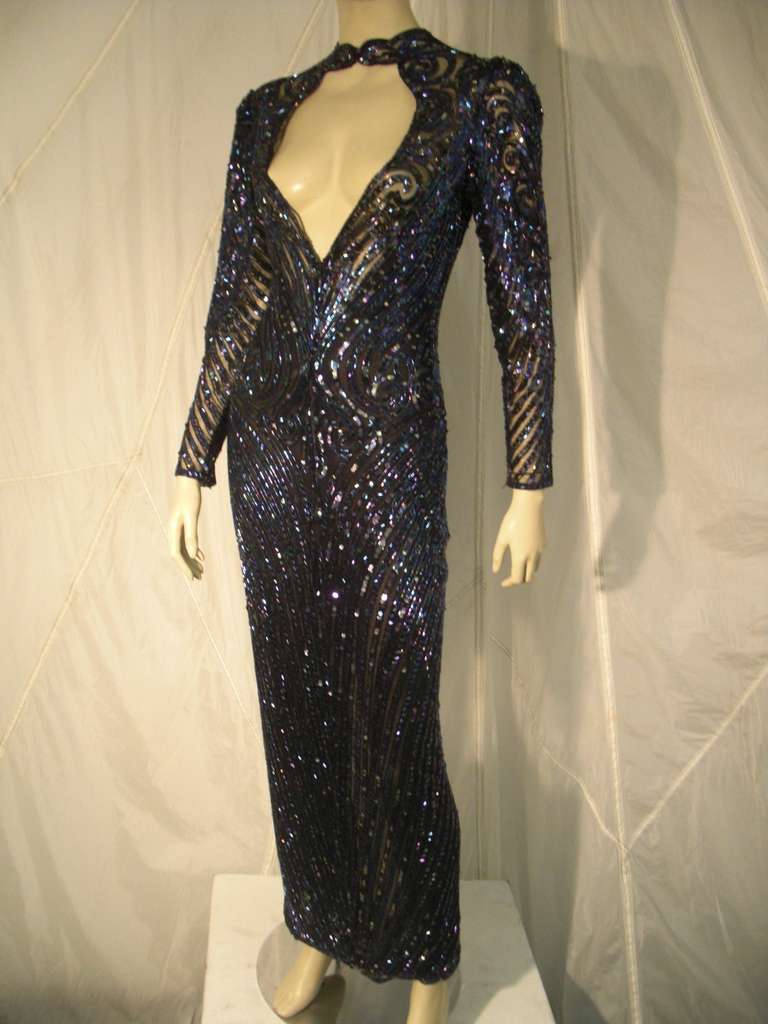 1970s Bob Mackie Oil Slick Sequined and Beaded Gown on Net In Excellent Condition In Gresham, OR