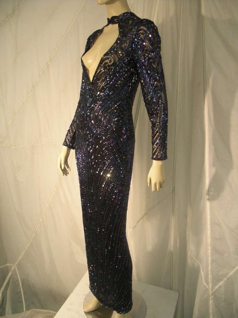 Women's 1970s Bob Mackie Oil Slick Sequined and Beaded Gown on Net