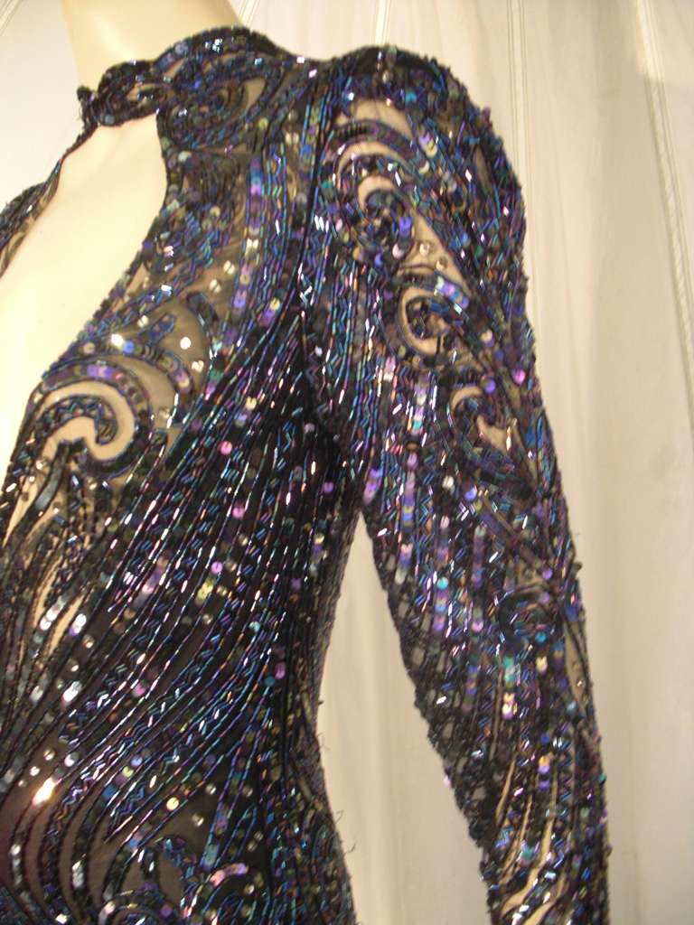 1970s Bob Mackie Oil Slick Sequined and Beaded Gown on Net 1