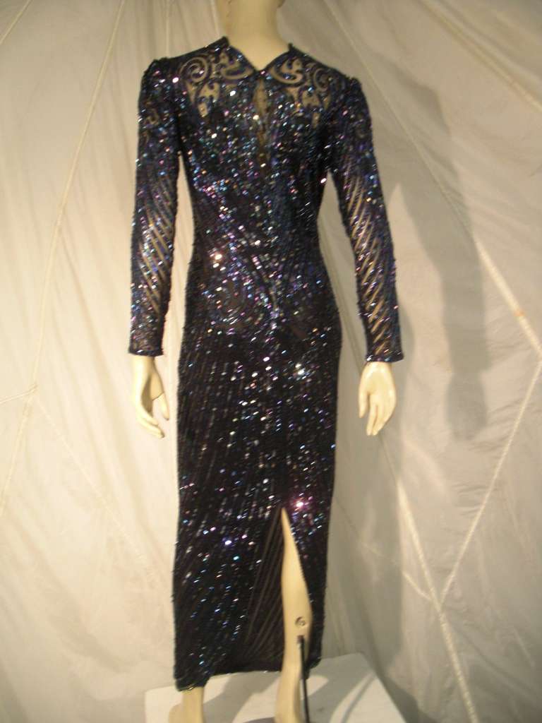 1970s Bob Mackie Oil Slick Sequined and Beaded Gown on Net 3