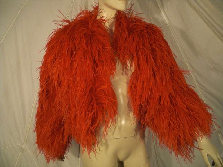 A 1970s lavish ostrich feather cropped chubby coat in vivid red.  Fully lined with hook and eye closures.  Very heavy lush feathers.  Marked size Small.