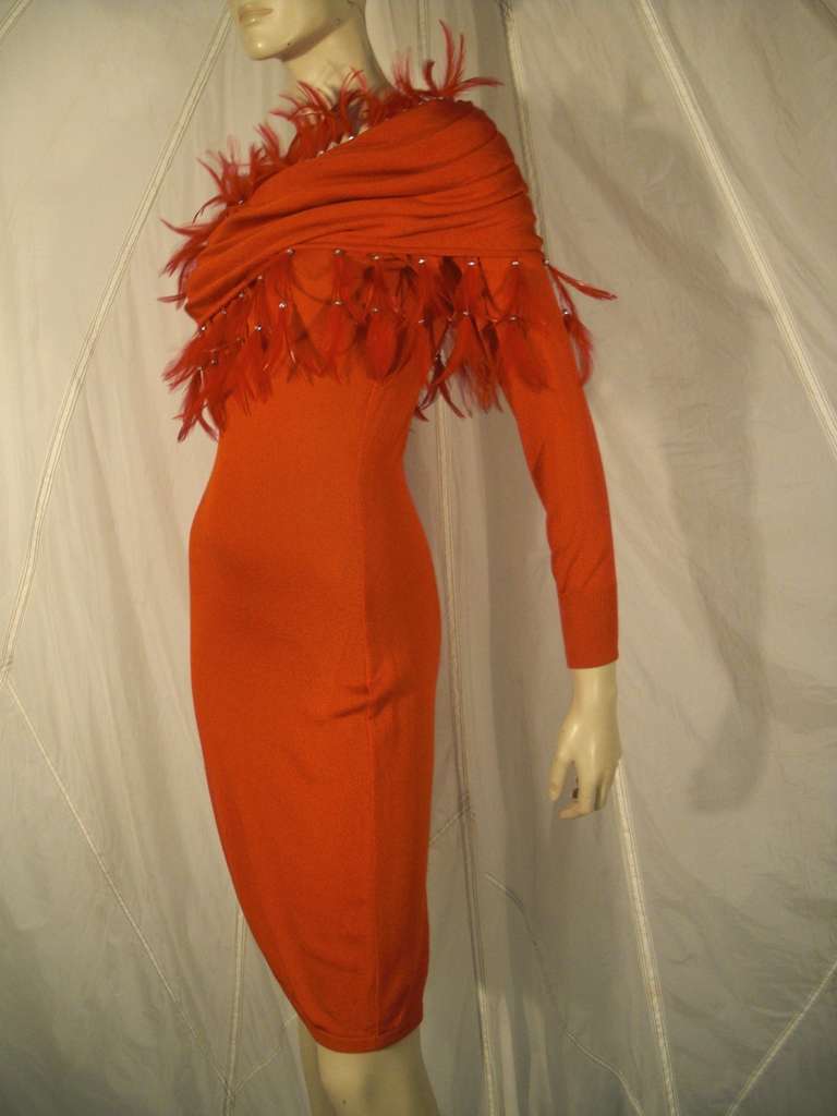 1980s Gianni Versace Slinky Red Knit Dress with Extravagant Feather Fringe In Excellent Condition In Gresham, OR