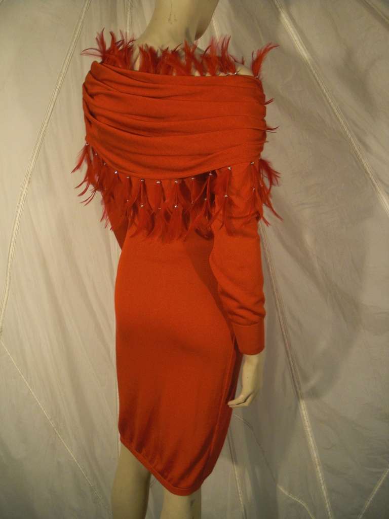 Women's 1980s Gianni Versace Slinky Red Knit Dress with Extravagant Feather Fringe
