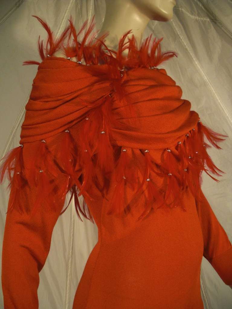 1980s Gianni Versace Slinky Red Knit Dress with Extravagant Feather Fringe 1