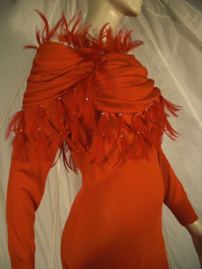1980s Gianni Versace Slinky Red Knit Dress with Extravagant Feather Fringe 2
