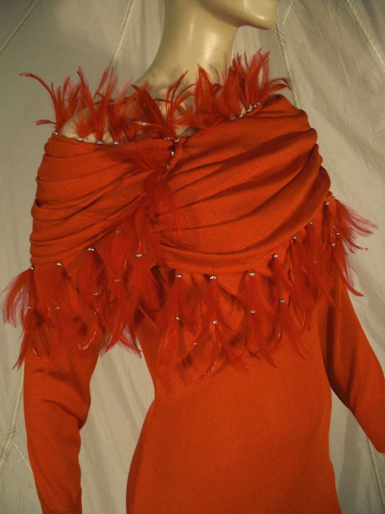 1980s Gianni Versace Slinky Red Knit Dress with Extravagant Feather Fringe 3