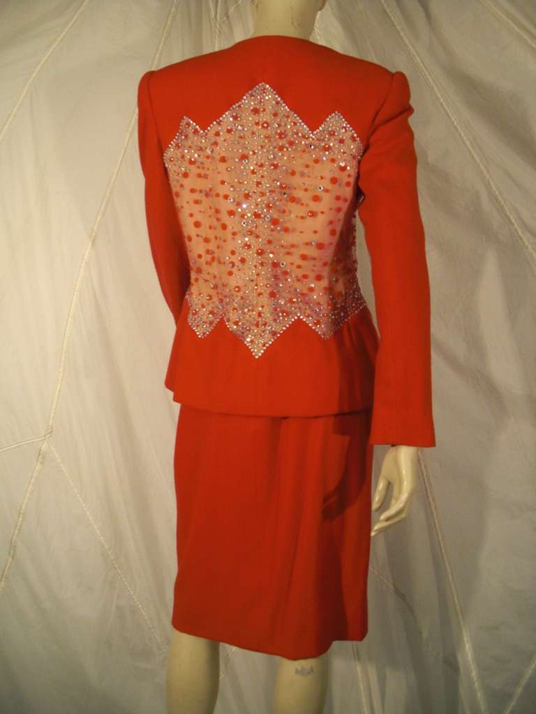 1980s Carolina Herrera Red Wool And Rhinestone Studded Mesh Suit In Excellent Condition In Gresham, OR