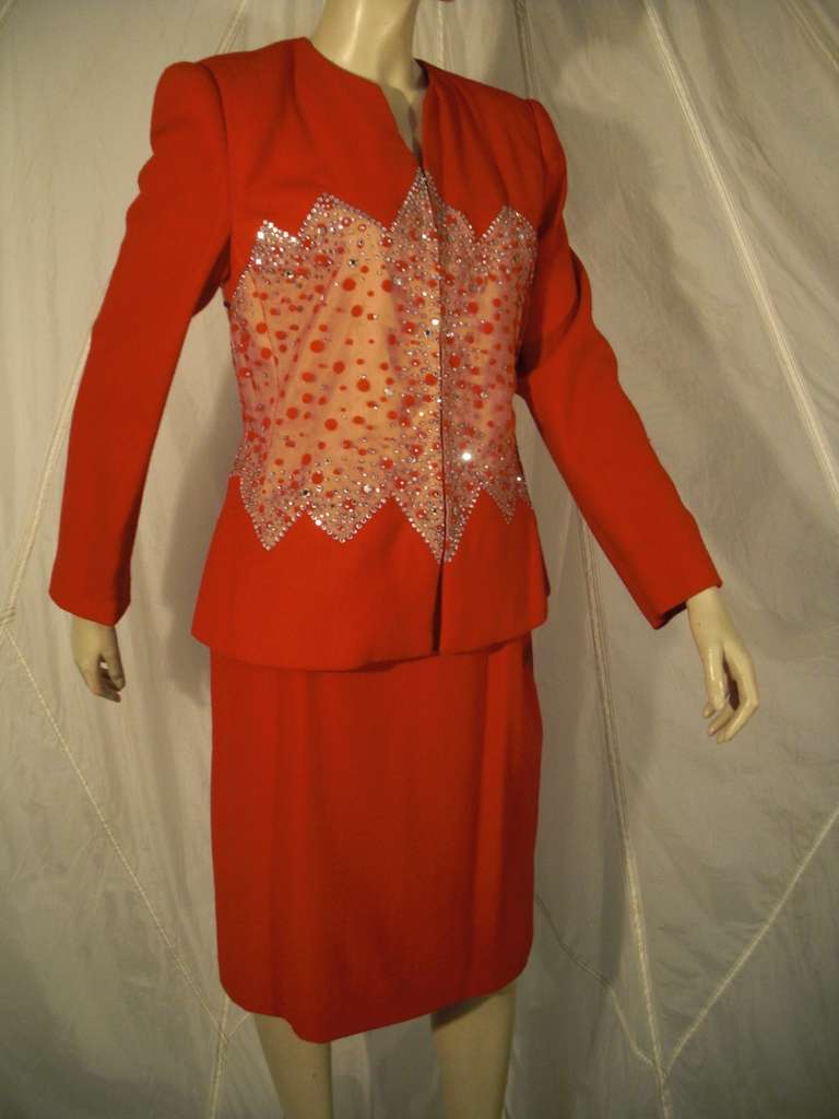 1980s Carolina Herrera Red Wool And Rhinestone Studded Mesh Suit 1