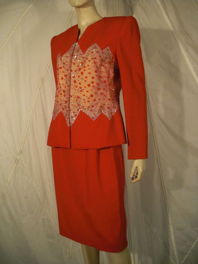 1980s Carolina Herrera Red Wool And Rhinestone Studded Mesh Suit For