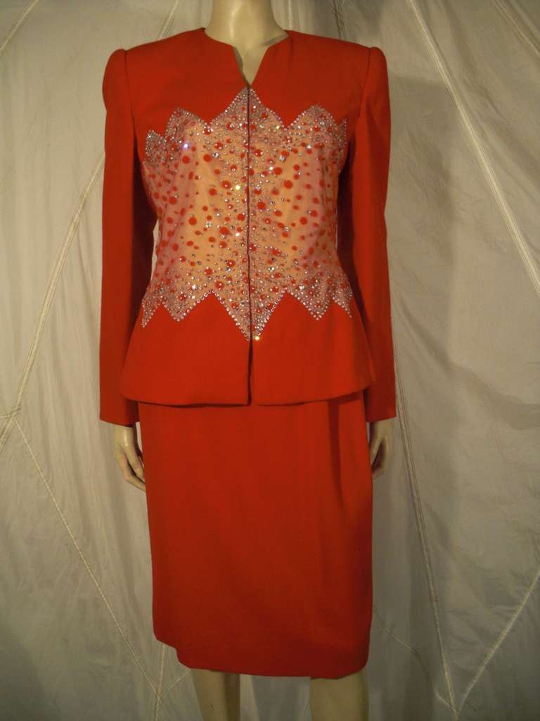 1980s Carolina Herrera Red Wool And Rhinestone Studded Mesh Suit 3