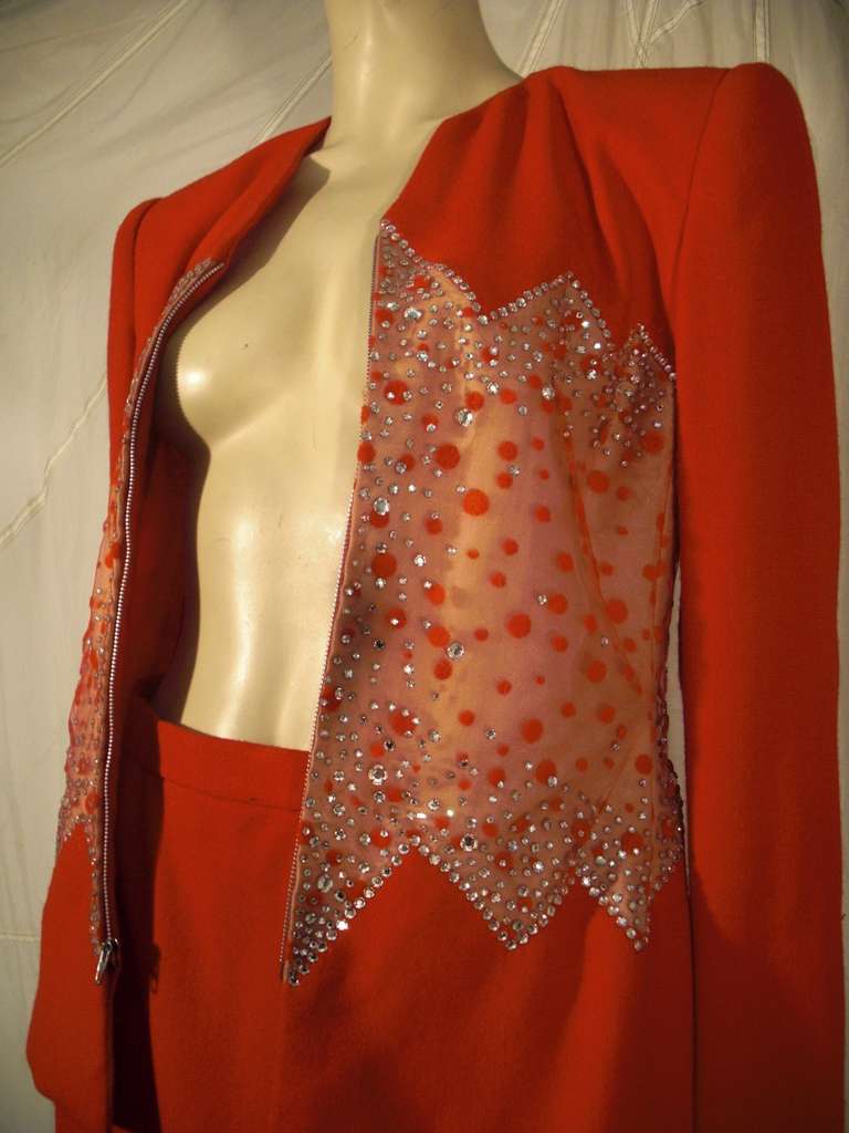 1980s Carolina Herrera Red Wool And Rhinestone Studded Mesh Suit 4