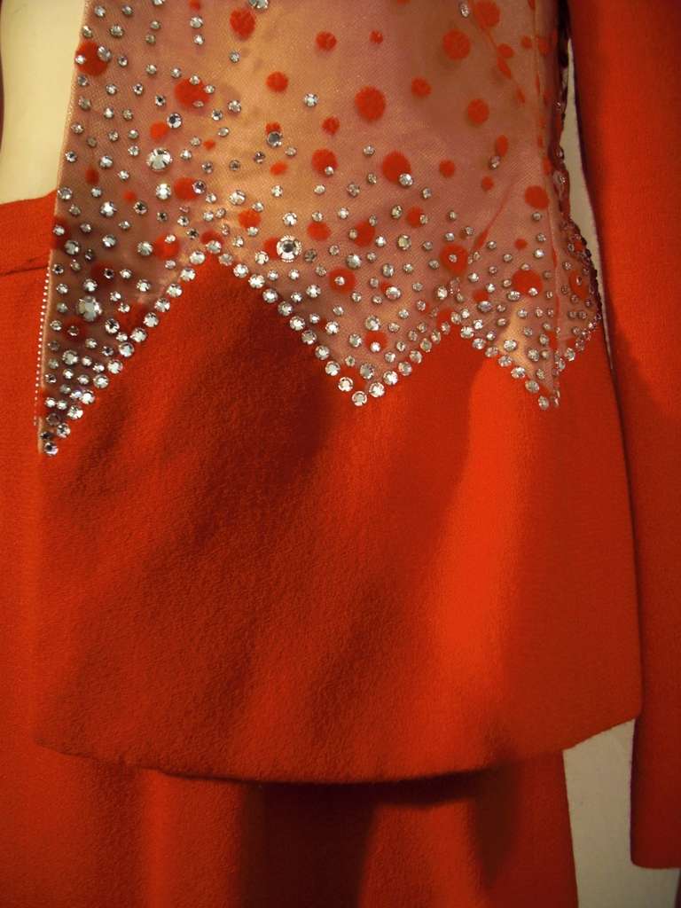 1980s Carolina Herrera Red Wool And Rhinestone Studded Mesh Suit 5