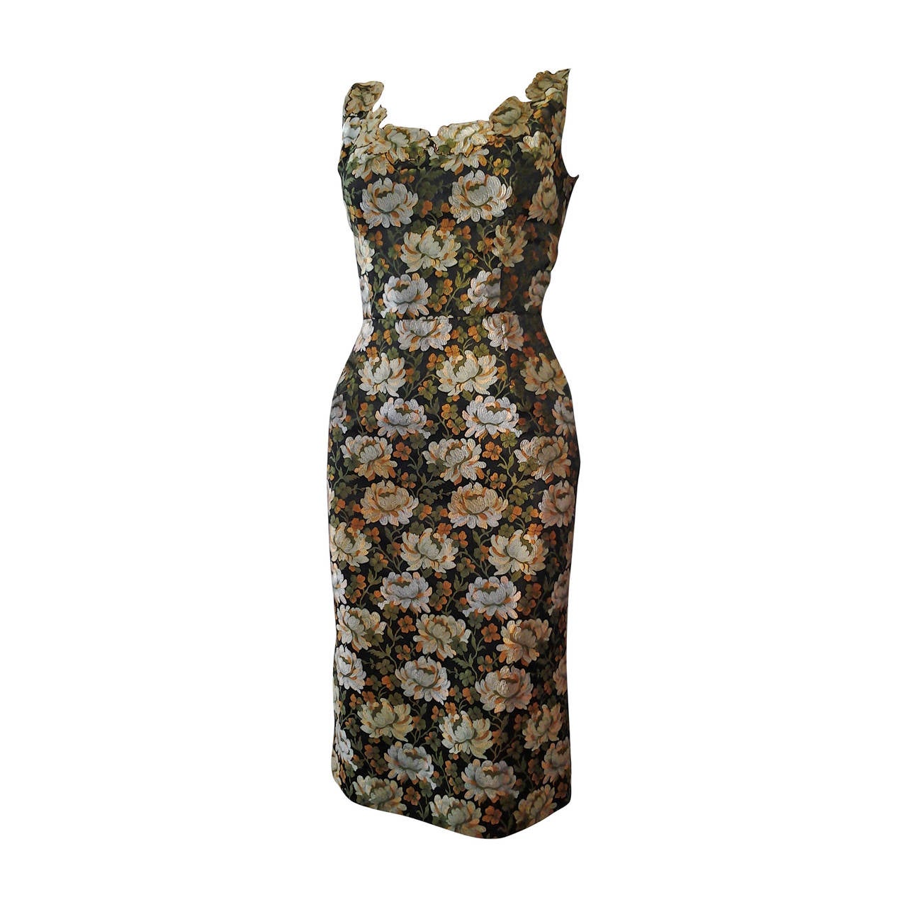1950s Floral Brocade Sheath Dress w/ Applique Neckline and Overskirt