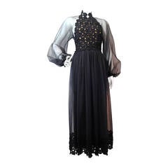 1970s Werle Hostess Gown in Black Chiffon and Circular Lace