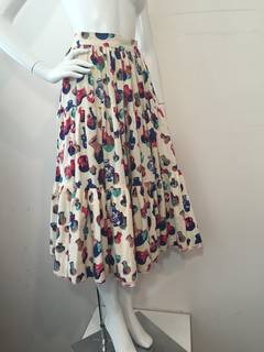 1950s Pottery Print Mexican Skirt w/ Built-In Lace Underskirt