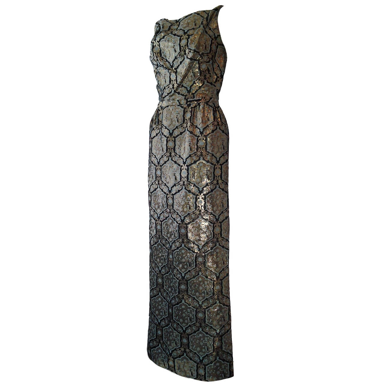 1960s Full-Length Lame Brocade Sheath Dress in "Moorish-Inspired" Pattern