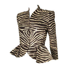 1980s Travilla Sequined Zebra Print Peplum Evening Jacket