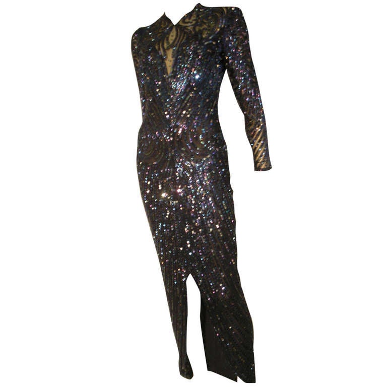 1970s Bob Mackie Oil Slick Sequined and Beaded Gown on Net