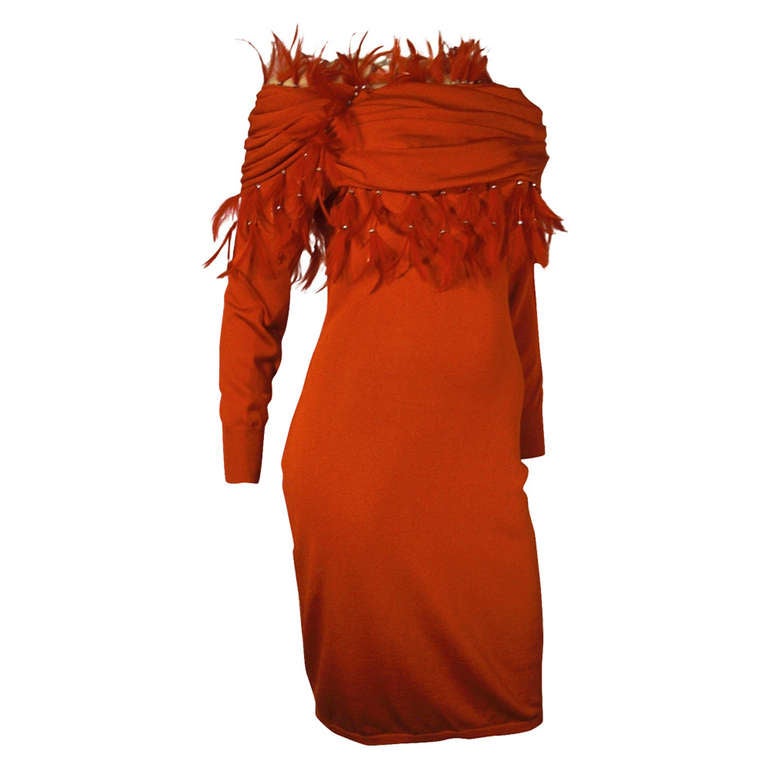 1980s Gianni Versace Slinky Red Knit Dress with Extravagant Feather Fringe