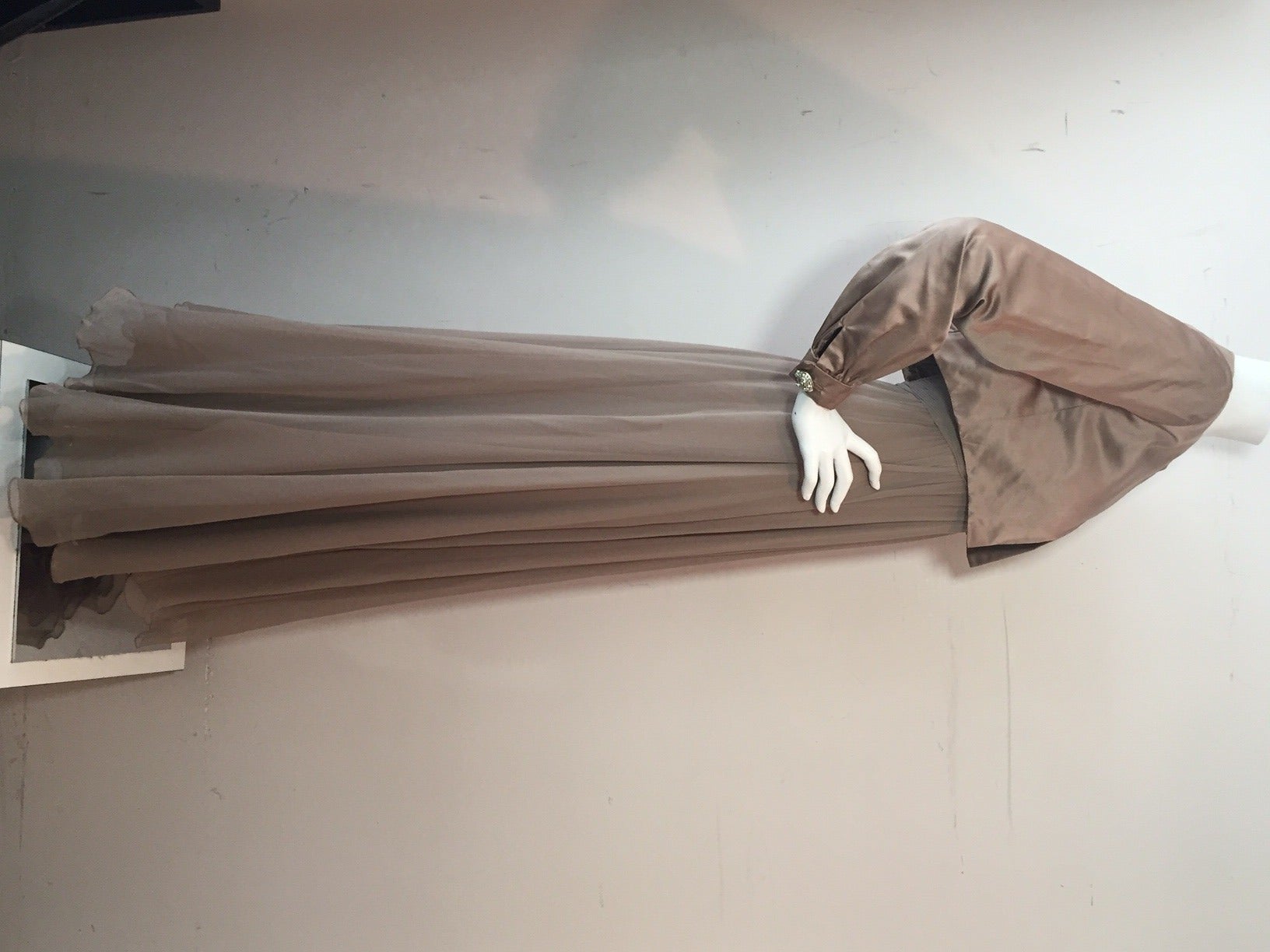 Gray 1960s Malcolm Starr 2-Piece Strapless Chiffon Gown and Satin Cropped Jacket