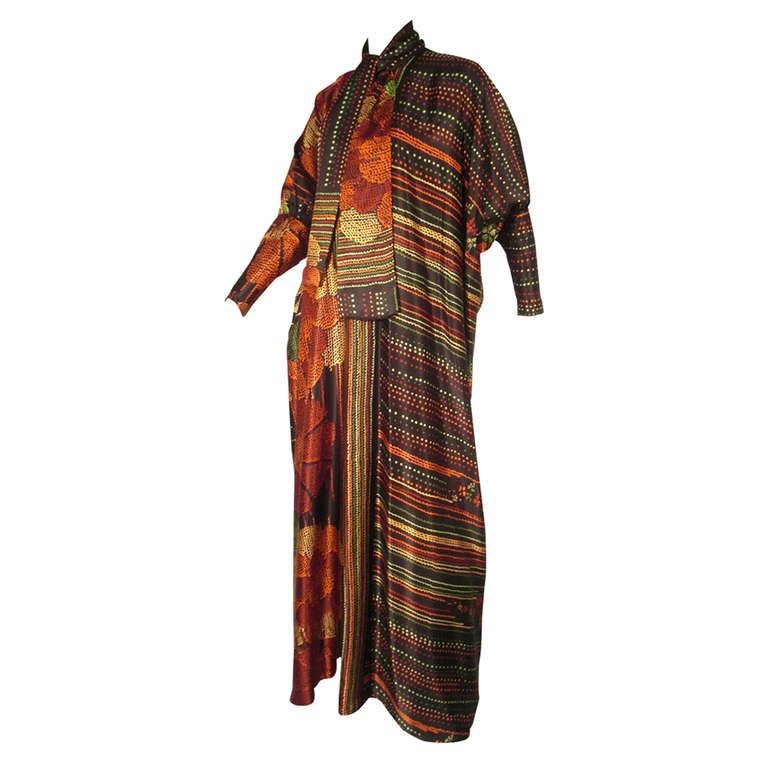 1970s Pauline Trigere Silk Printed Floral and Stripe Caftan