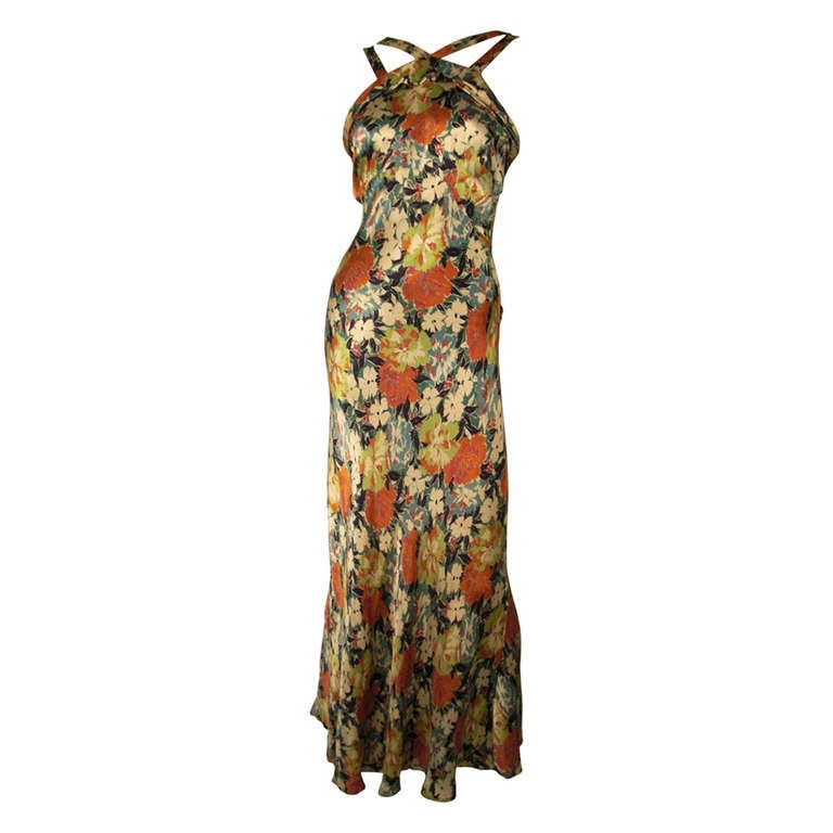 1930s Floral Rayon Satin Bias Cut Gown with Straps