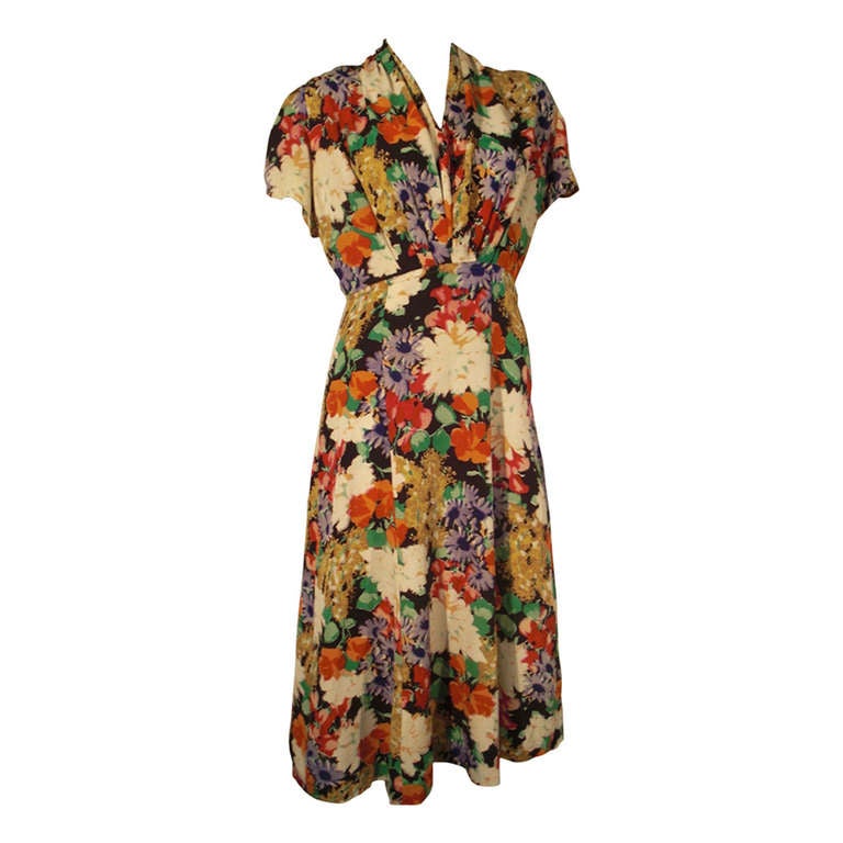 1930 Silk Floral Print Crepe Dress