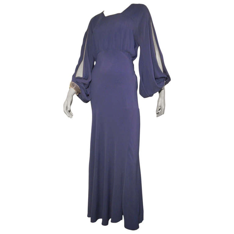 1930's Indigo Evening Gown w/ Dramatic Open Balloon Sleeves at 1stDibs