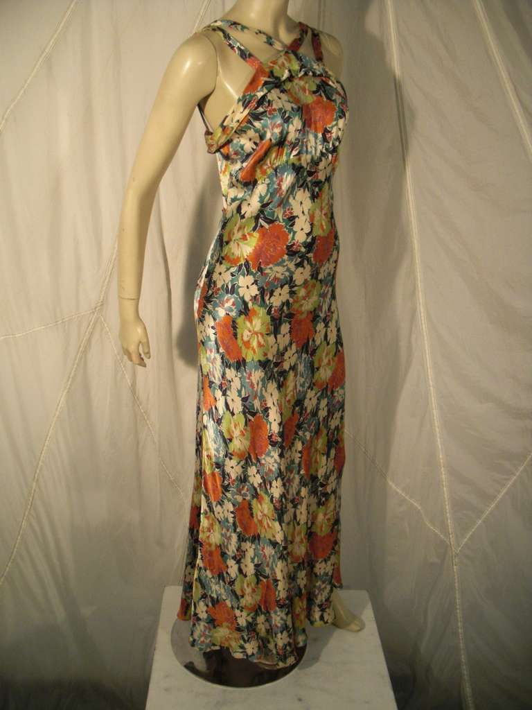 1930s Floral Rayon Satin Bias Cut Gown with Straps In Excellent Condition In Gresham, OR
