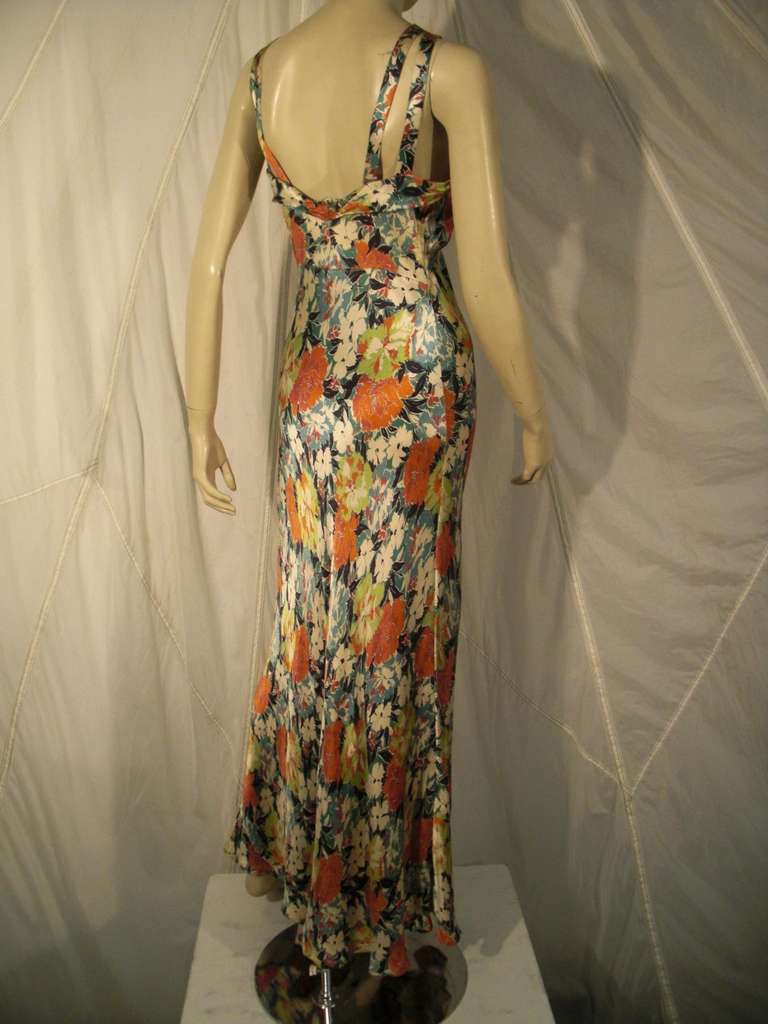Women's 1930s Floral Rayon Satin Bias Cut Gown with Straps