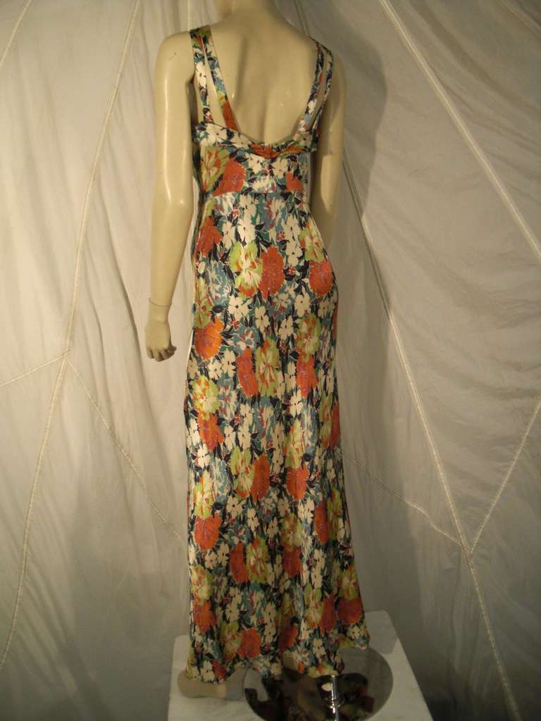 1930s Floral Rayon Satin Bias Cut Gown with Straps 1