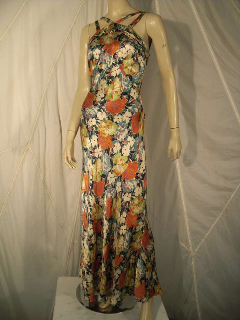 1930s Floral Rayon Satin Bias Cut Gown with Straps 2
