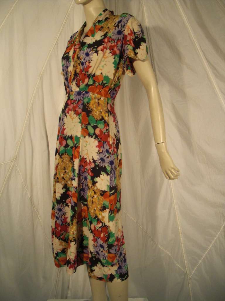 1930 Silk Floral Print Crepe Dress 1