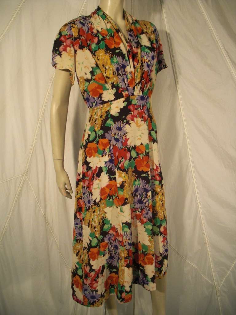 1930 Silk Floral Print Crepe Dress 2