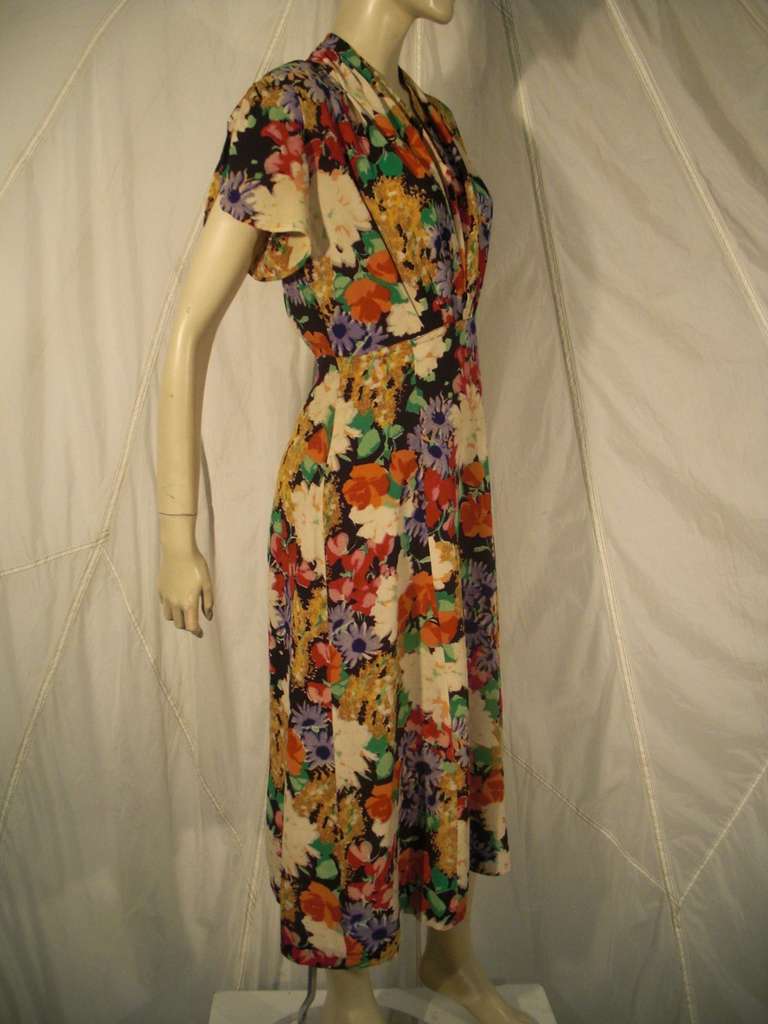 1930 Silk Floral Print Crepe Dress at 1stdibs