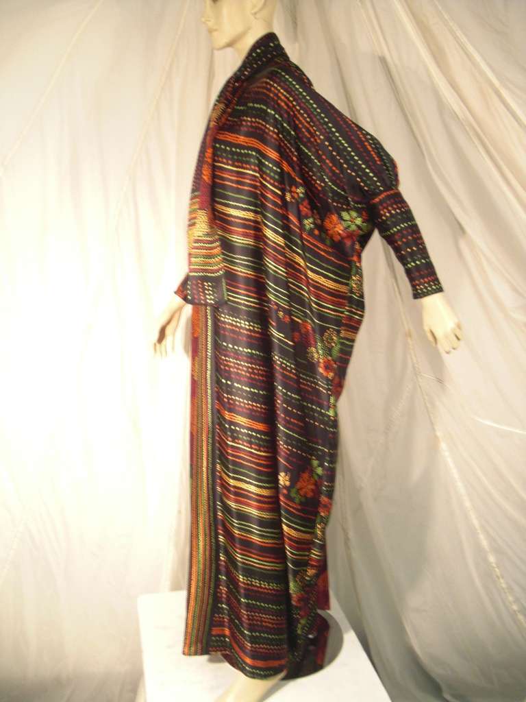 1970s Pauline Trigere Silk Printed Floral and Stripe Caftan In Excellent Condition In Gresham, OR