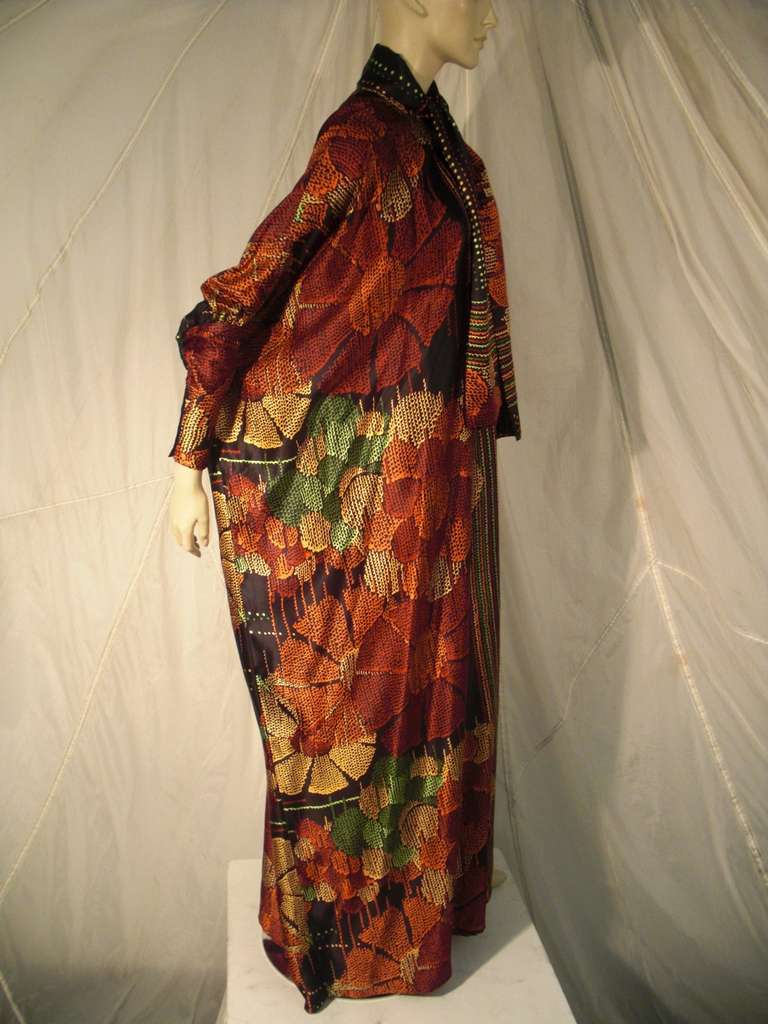 Women's 1970s Pauline Trigere Silk Printed Floral and Stripe Caftan