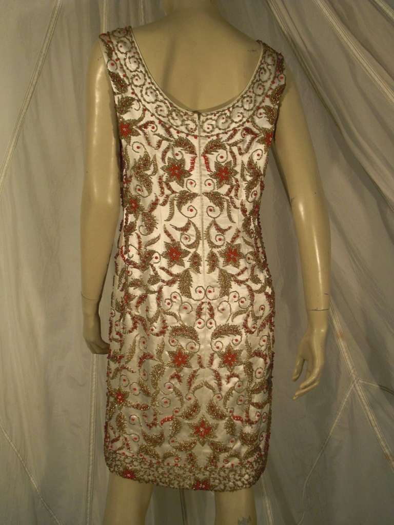 1960s All-Over Beaded Silk Satin Sheath Dress 2