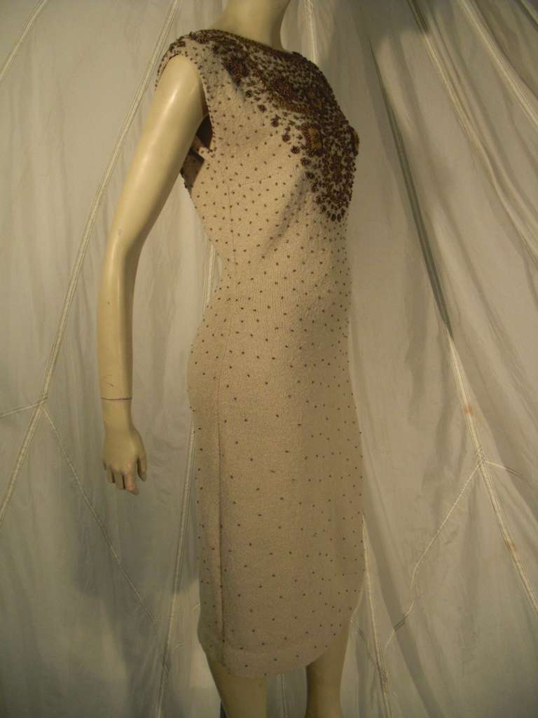 Brown 1960s Gene Shelley Wool Knit Bronzed Beaded Cocktail Dress